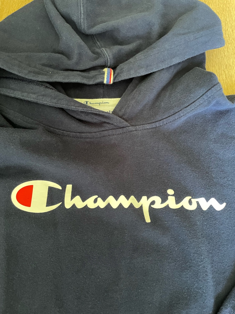 Champion Navy lightweight Crewneck with White Script and Red Logo Accent